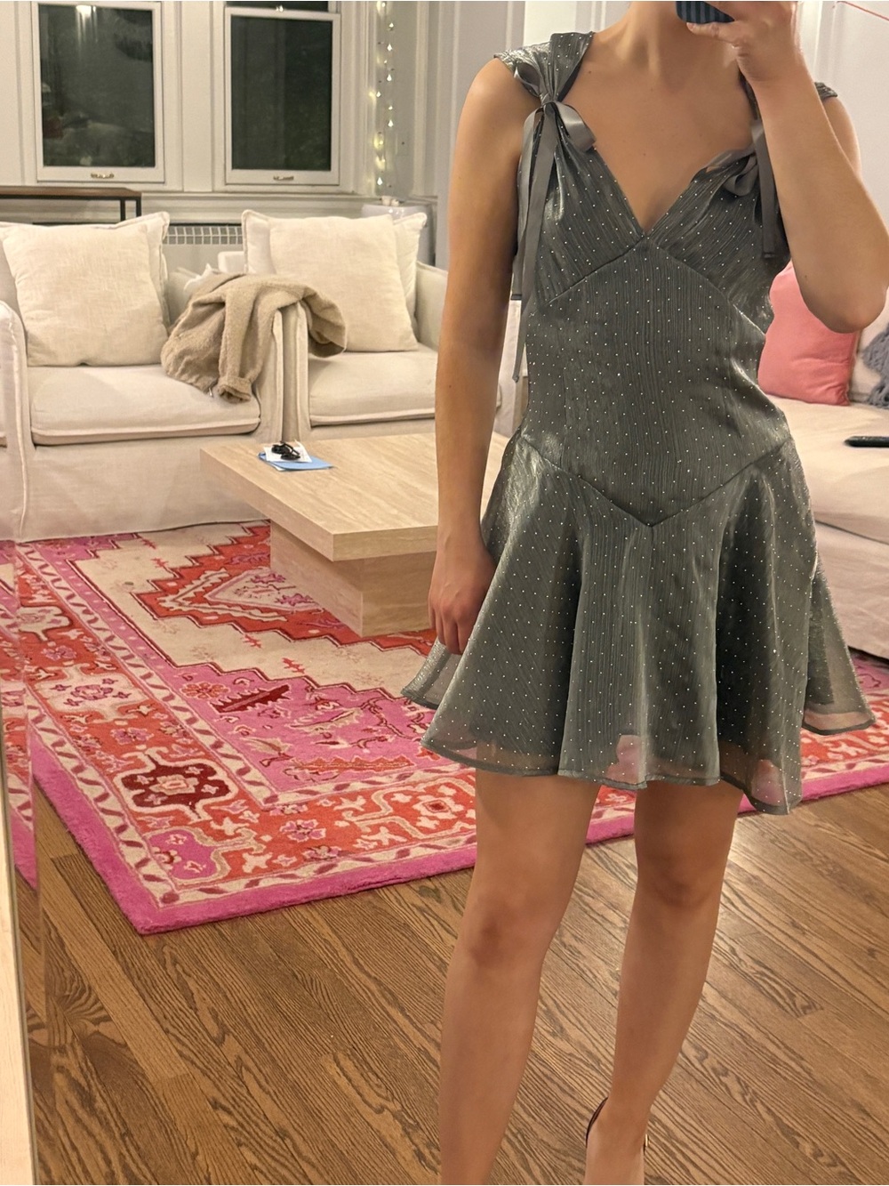 Storia Silver-Gray Tie-Shoulder Sparkle Mini Dress